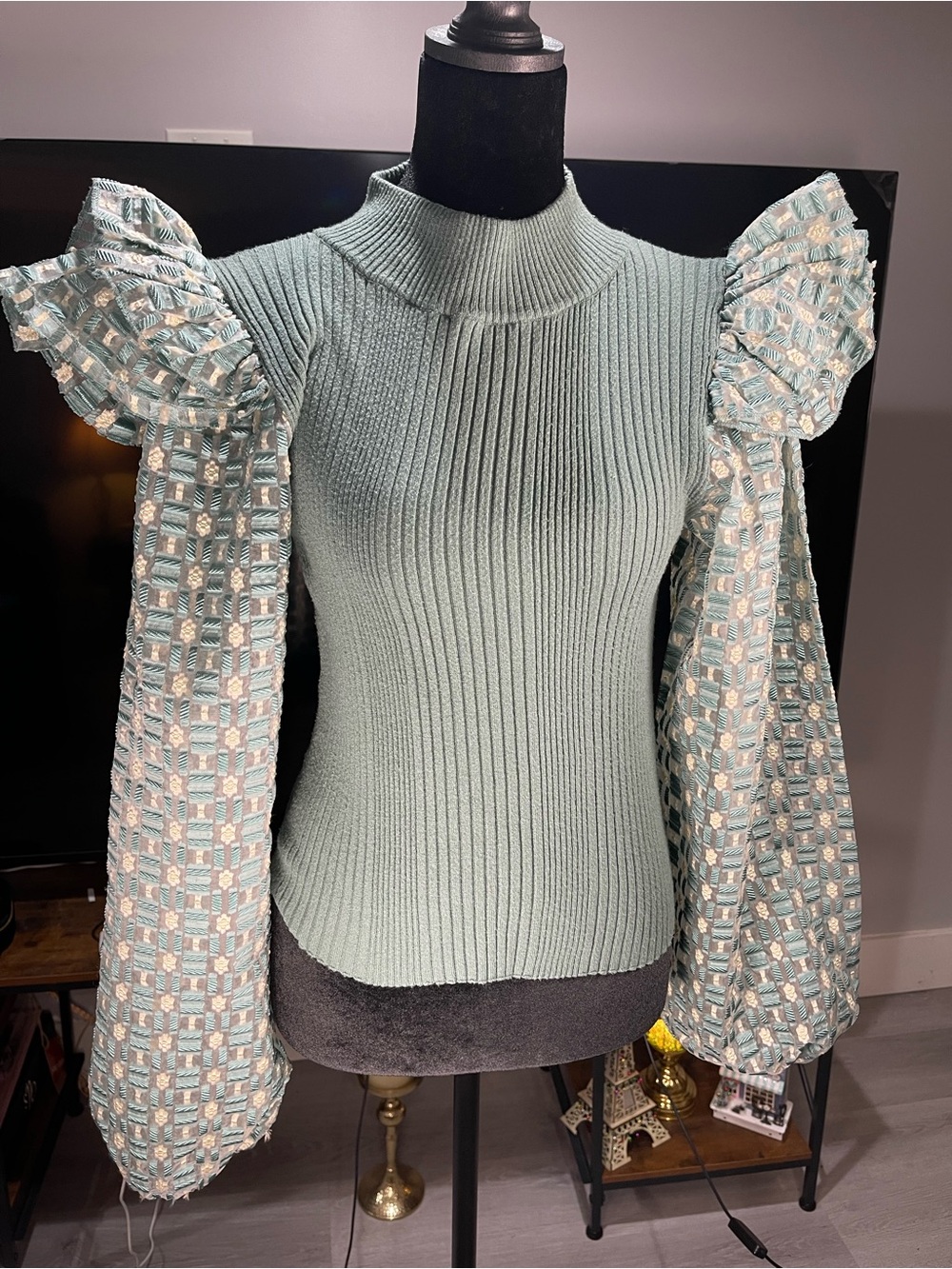 Women’s Light Sage Ribbed Mock-Neck Sweater with Statement Puff Sleeves